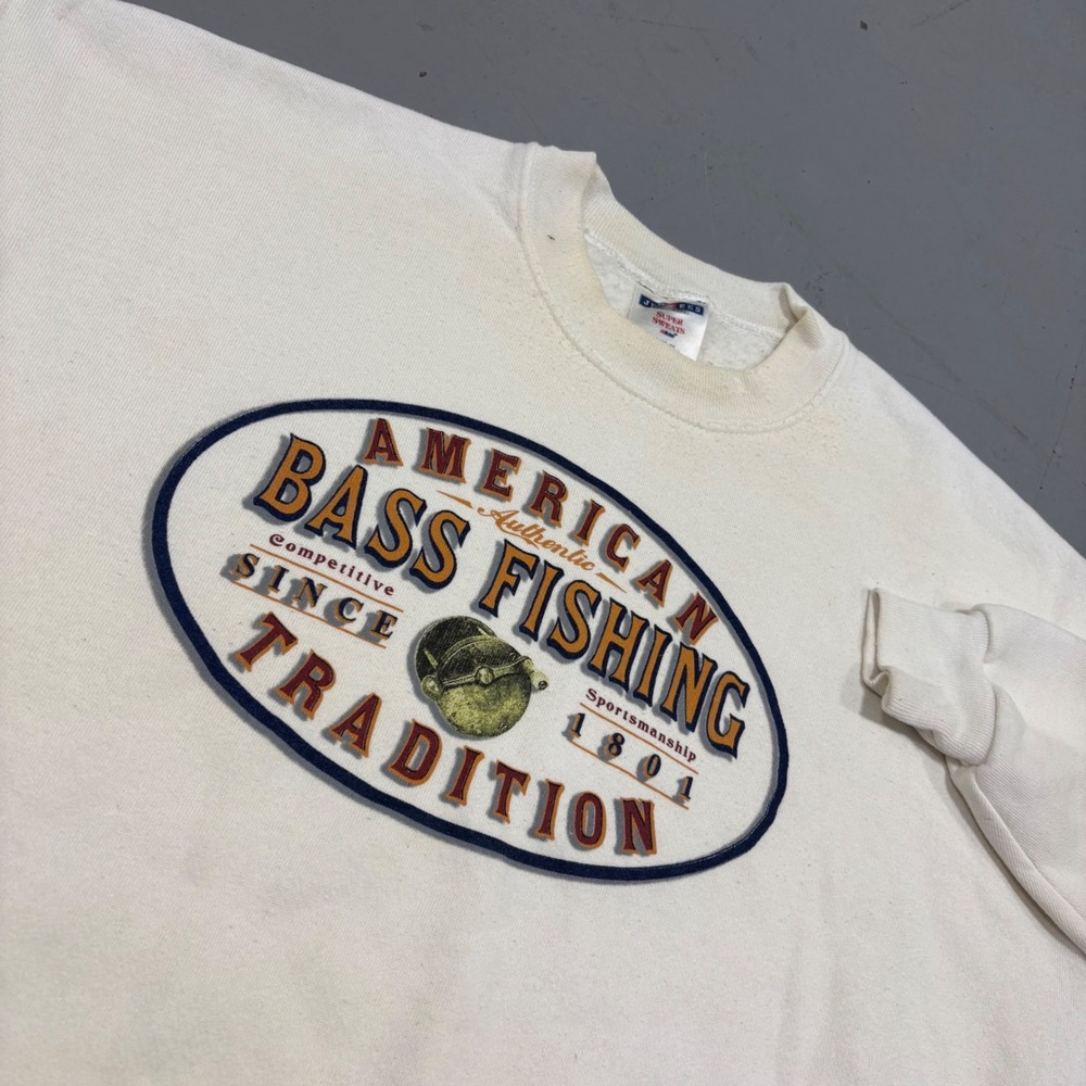 Vintage Jerzees American Bass Fishing Tradition Sweatshirt XL Cream Super Sweats